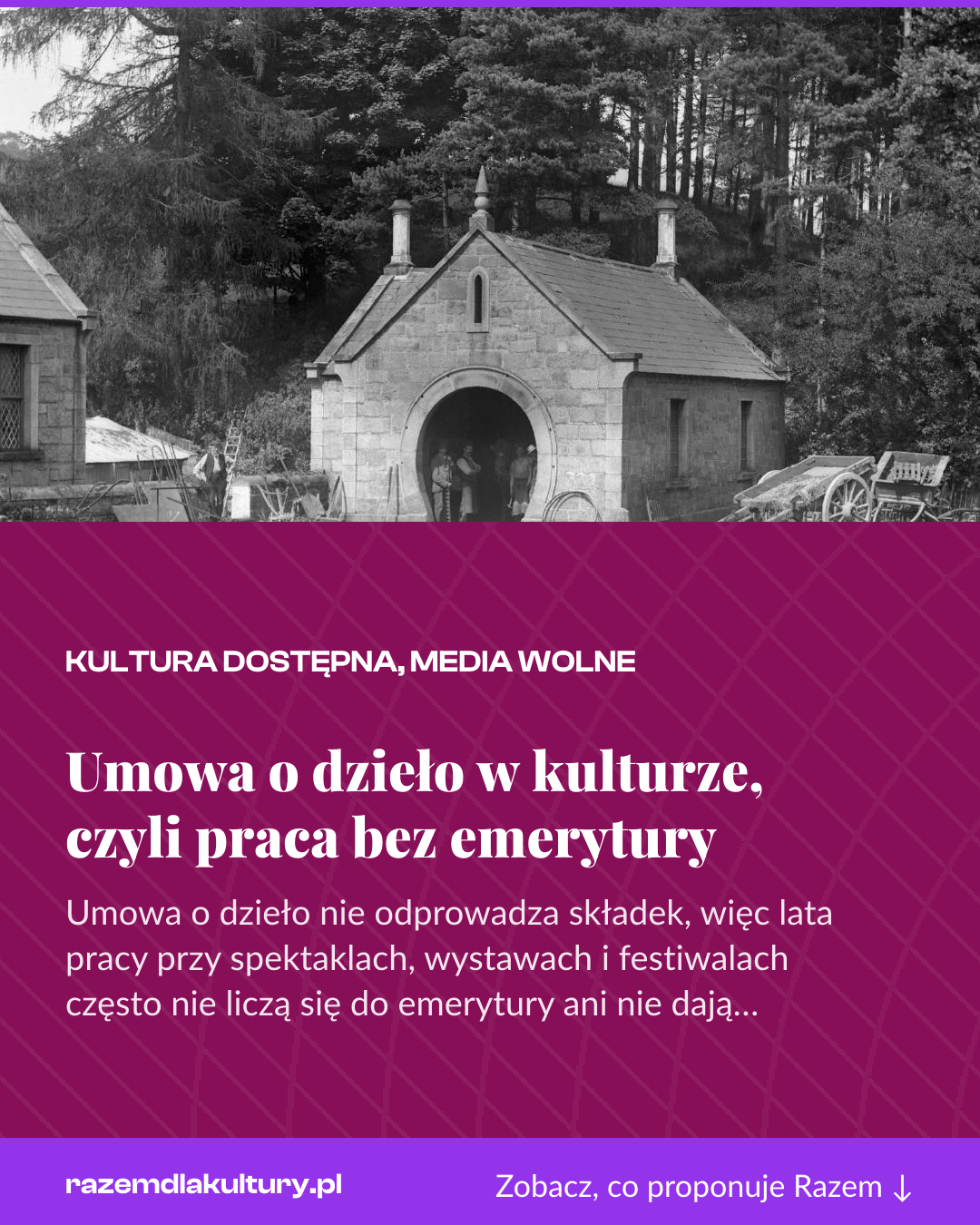 Grafika pionowa do udostępnienia: Umowa o dzieło w kulturze, czyli praca bez emerytury