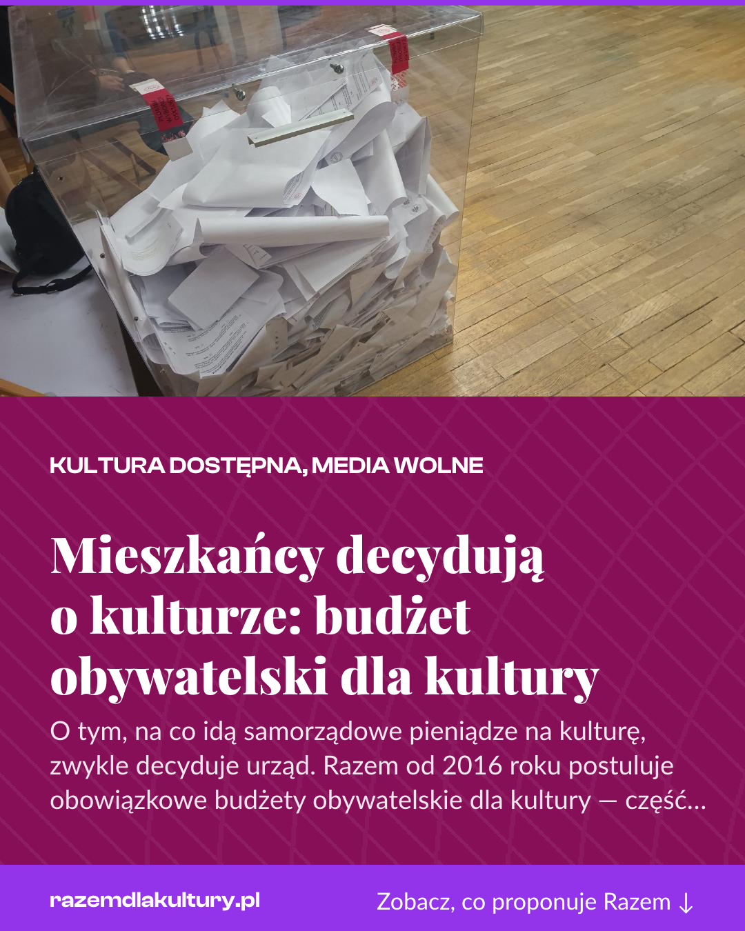 Grafika pionowa do udostępnienia: Mieszkańcy decydują o kulturze: budżet obywatelski dla kultury